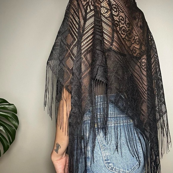 Vintage Black + Lacey With Fringe Shawl - Picture 4 of 8